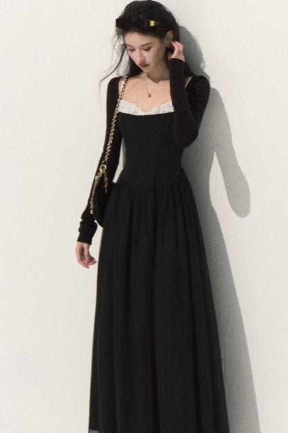Lace-Trimmed Black Knit Dress