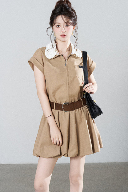 French Khaki Puff Dress