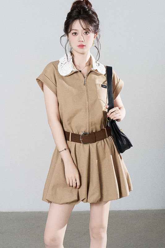 French Khaki Puff Dress