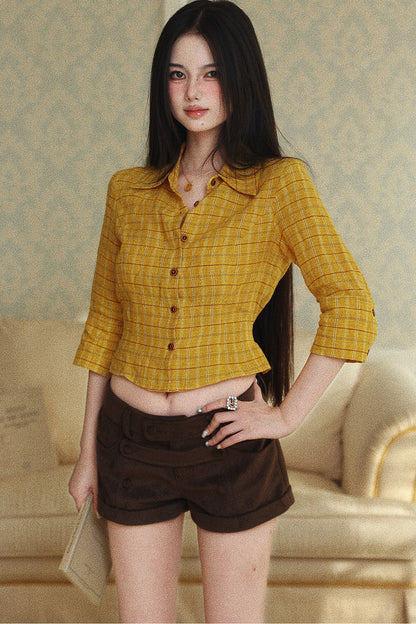 Camisa corta de lino a cuadros