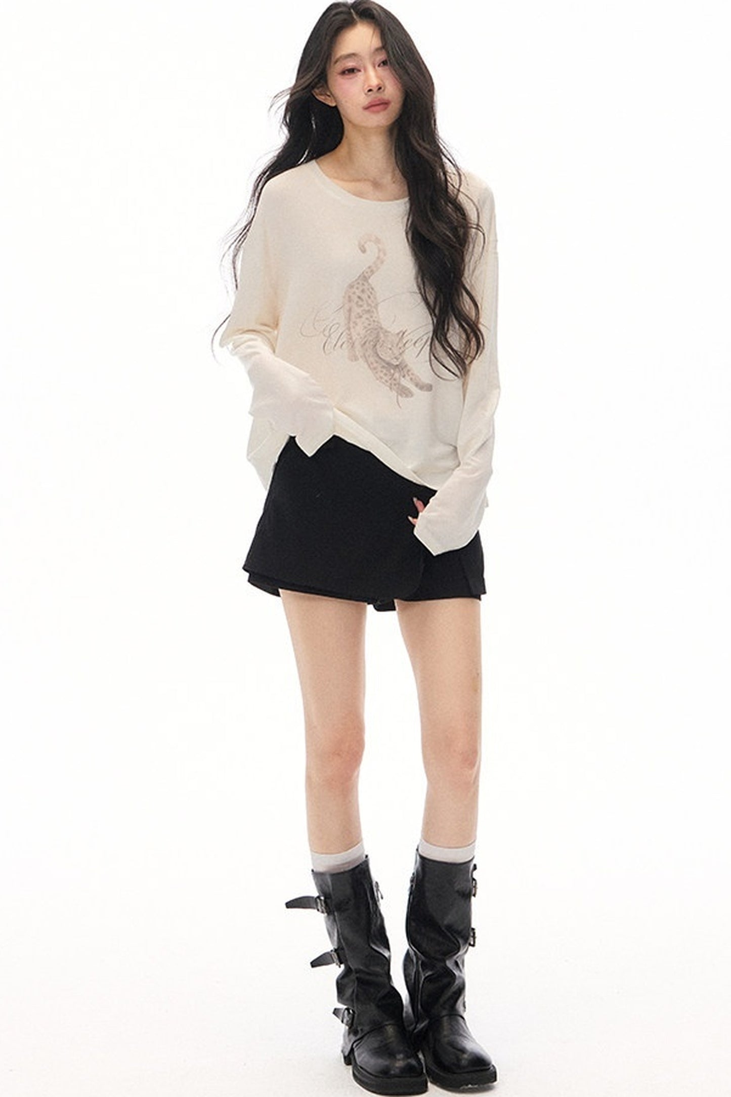Lazy Leopard Print Lyocell Top and Black Pants Set-Up