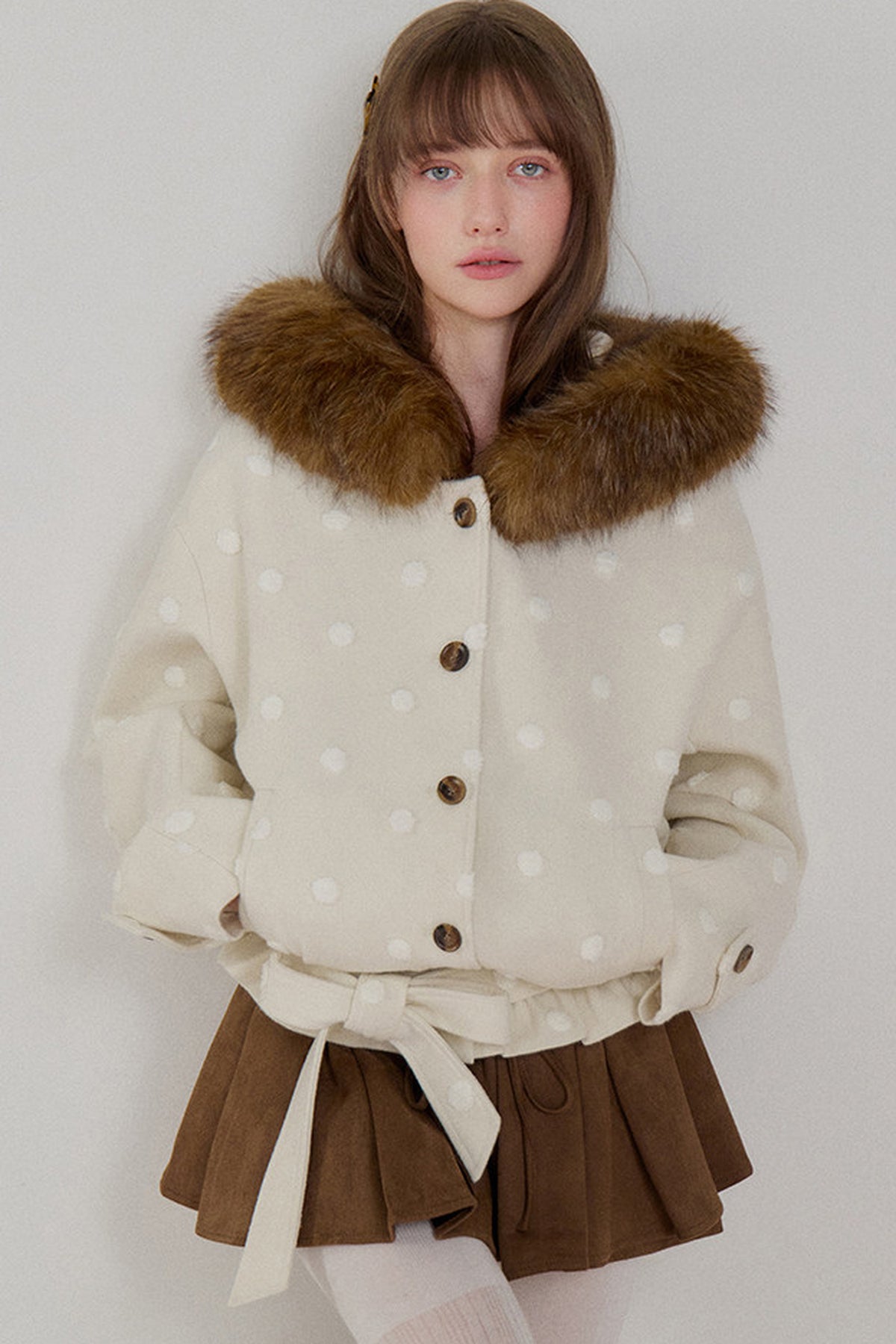 Petite Polka Dot Hooded Fur Coat