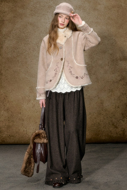Embroidered Branch Snow Faux Suede Jacket