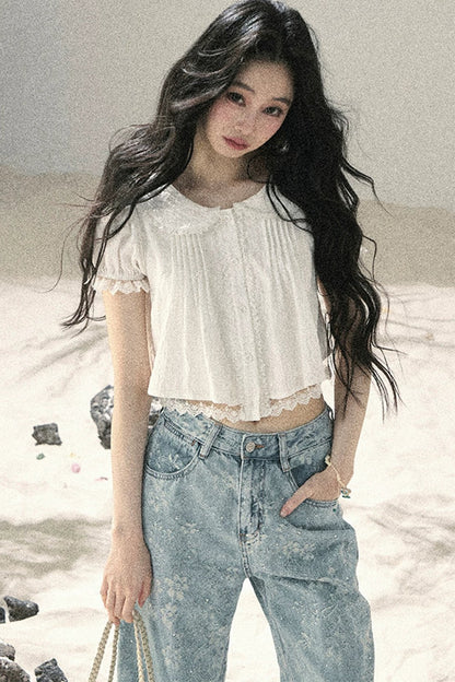 French Style Lace Puff Sleeve Blouse