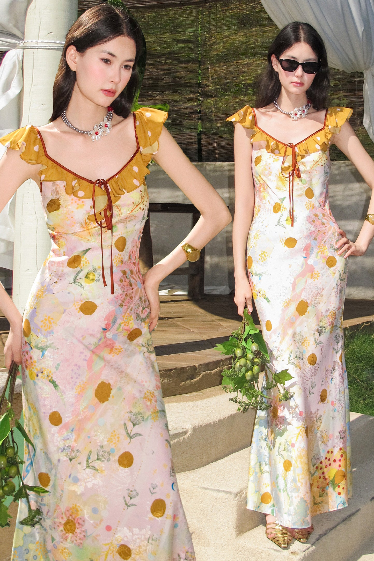 French Oil Painting Floral Ruffle Dress
