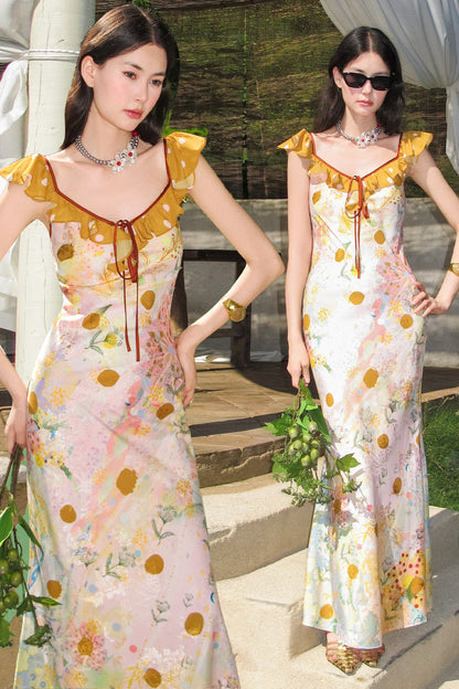 French Oil Painting Floral Ruffle Dress