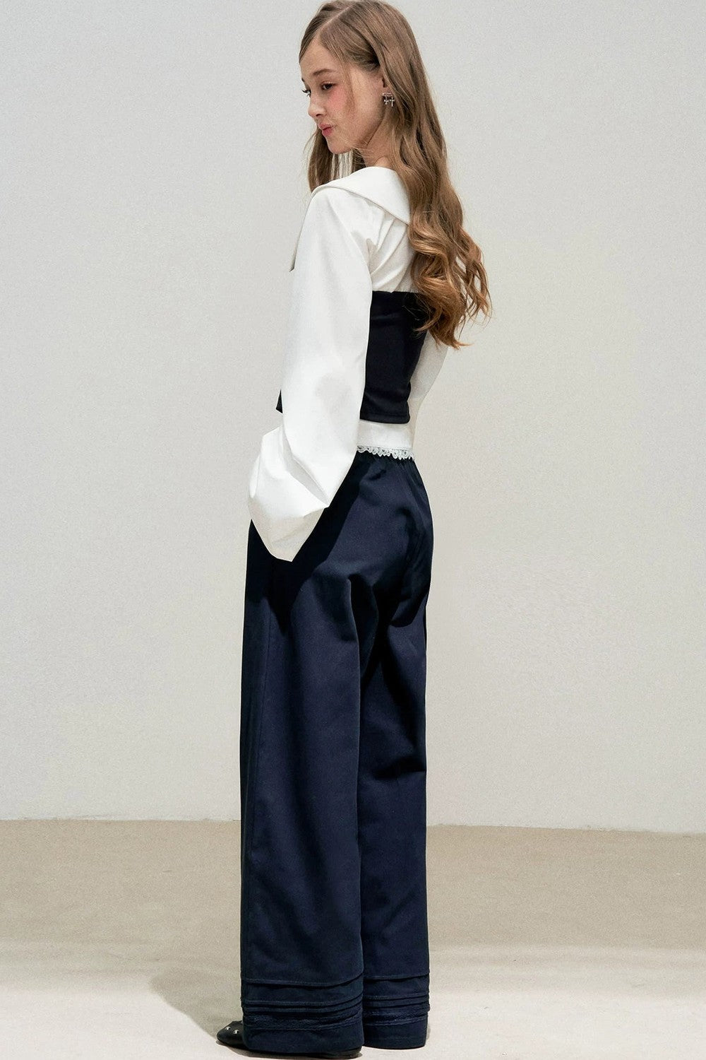 Navy Bow Patchwork Blouse