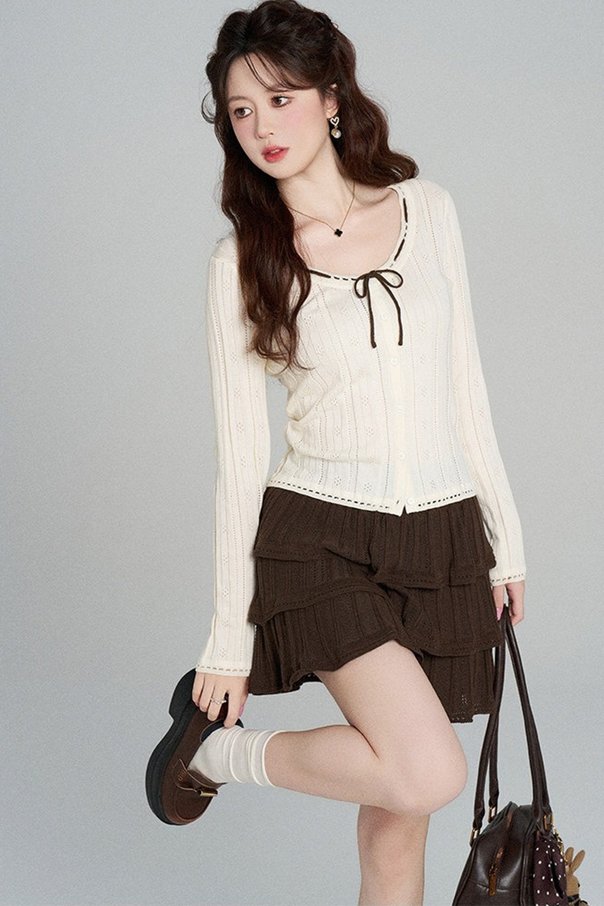 Hollow-Out Knit Cardigan and Skirt Set-Up