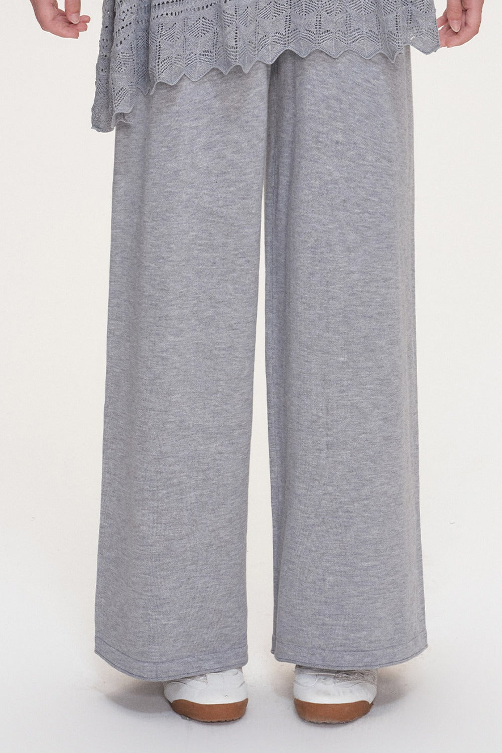 Wool Blend Off-Shoulder Lace Bow Knit Sweater and Pants Set-Up