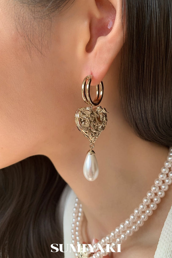 Double-Sided Rotating Heart Angel Pearl Earrings