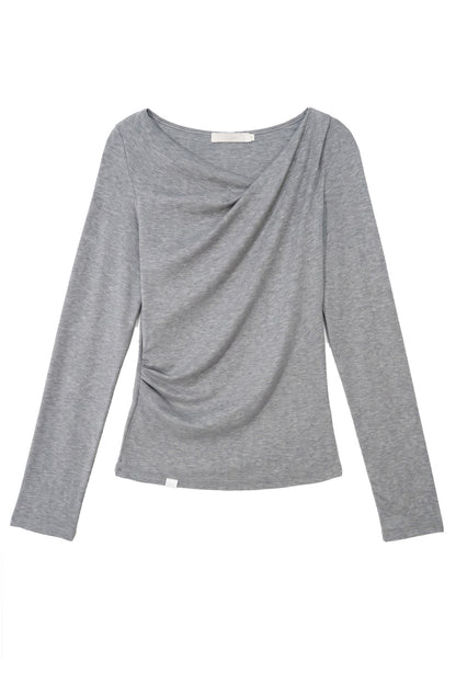 Lyocell Overlapping Pleated Long-Sleeve T-Shirt