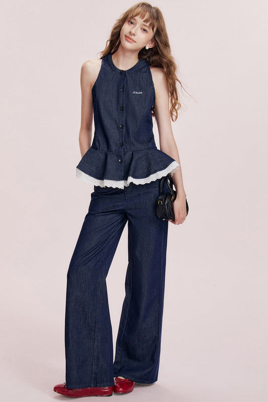 French Ruffle Denim Vest and Wide-Leg Pants Set-Up