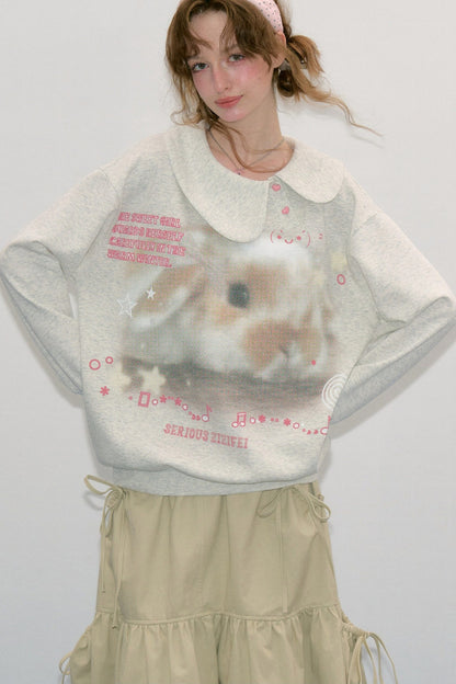 Polka Dot Rabbit Print Doll Collar Sweatshirt