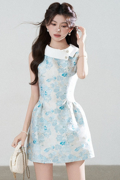 Blue Floral Jacquard Sleeveless Dress