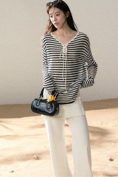 Linen Striped Tie-Up Top