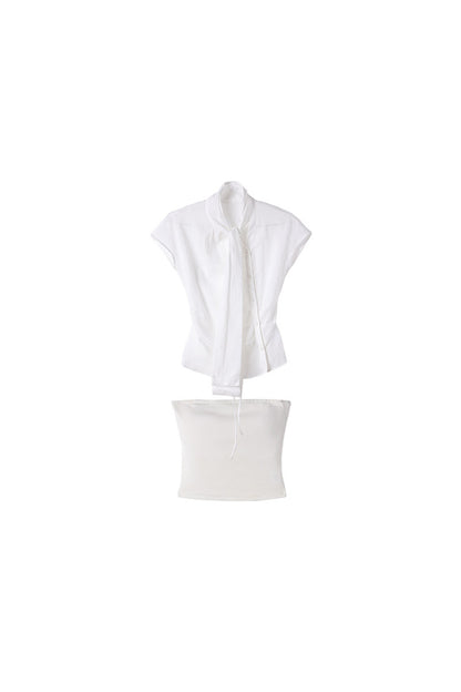 Slightly Sheer Waist-Cinching Cap Sleeve Shirt and Tube Top Set