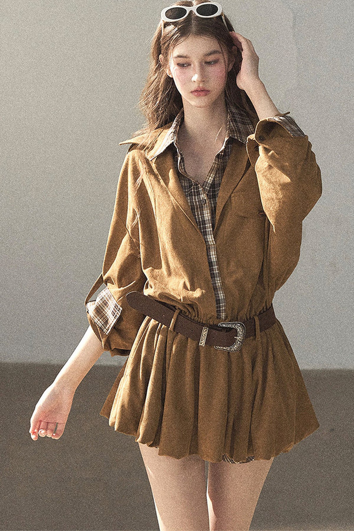 Plaid Shirt Layered-Look Dress Set