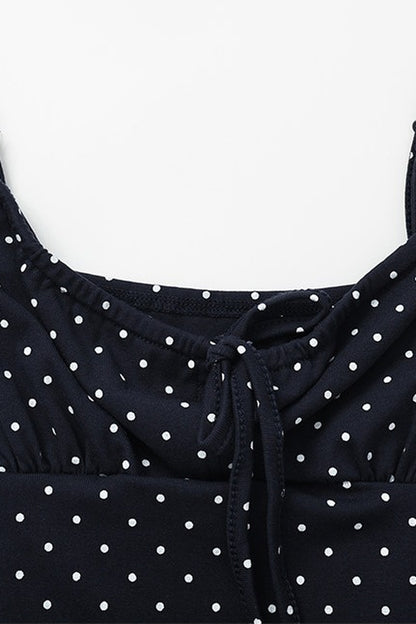 Navy Polka Dot Suspender Dress With Cardigan