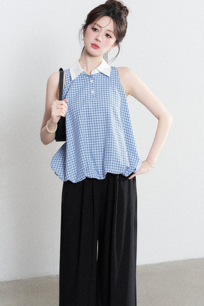 Blaue karierte Halter-Bluse