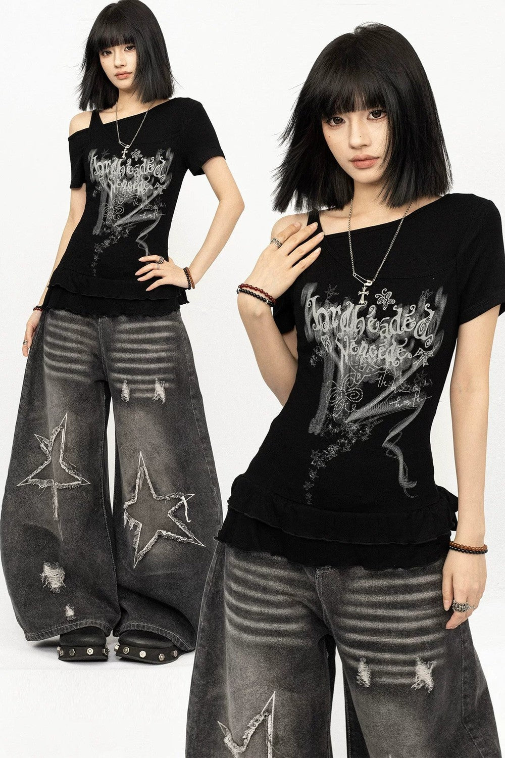 Off-Shoulder Letter Print Top
