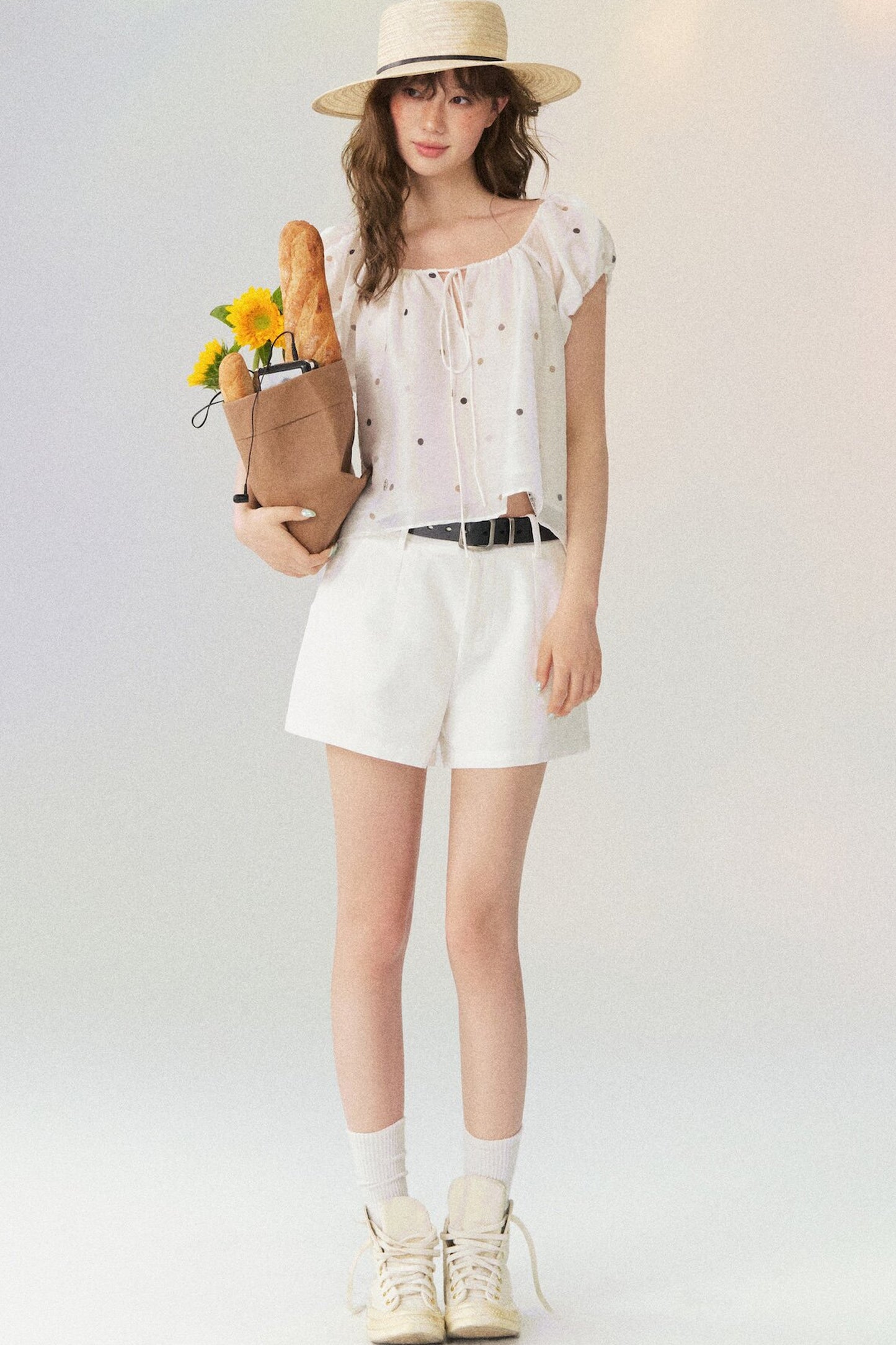 Polka Dot Puff Sleeve Drawstring Top