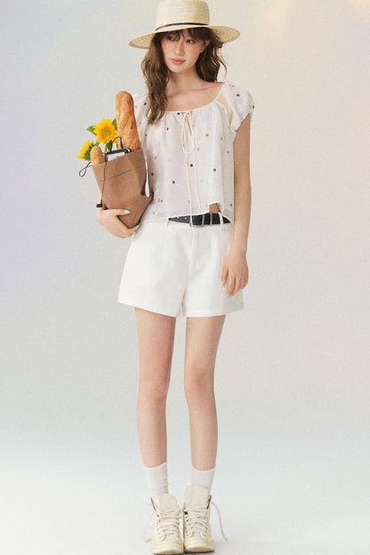 Polka Dot Puff Sleeve Drawstring Top