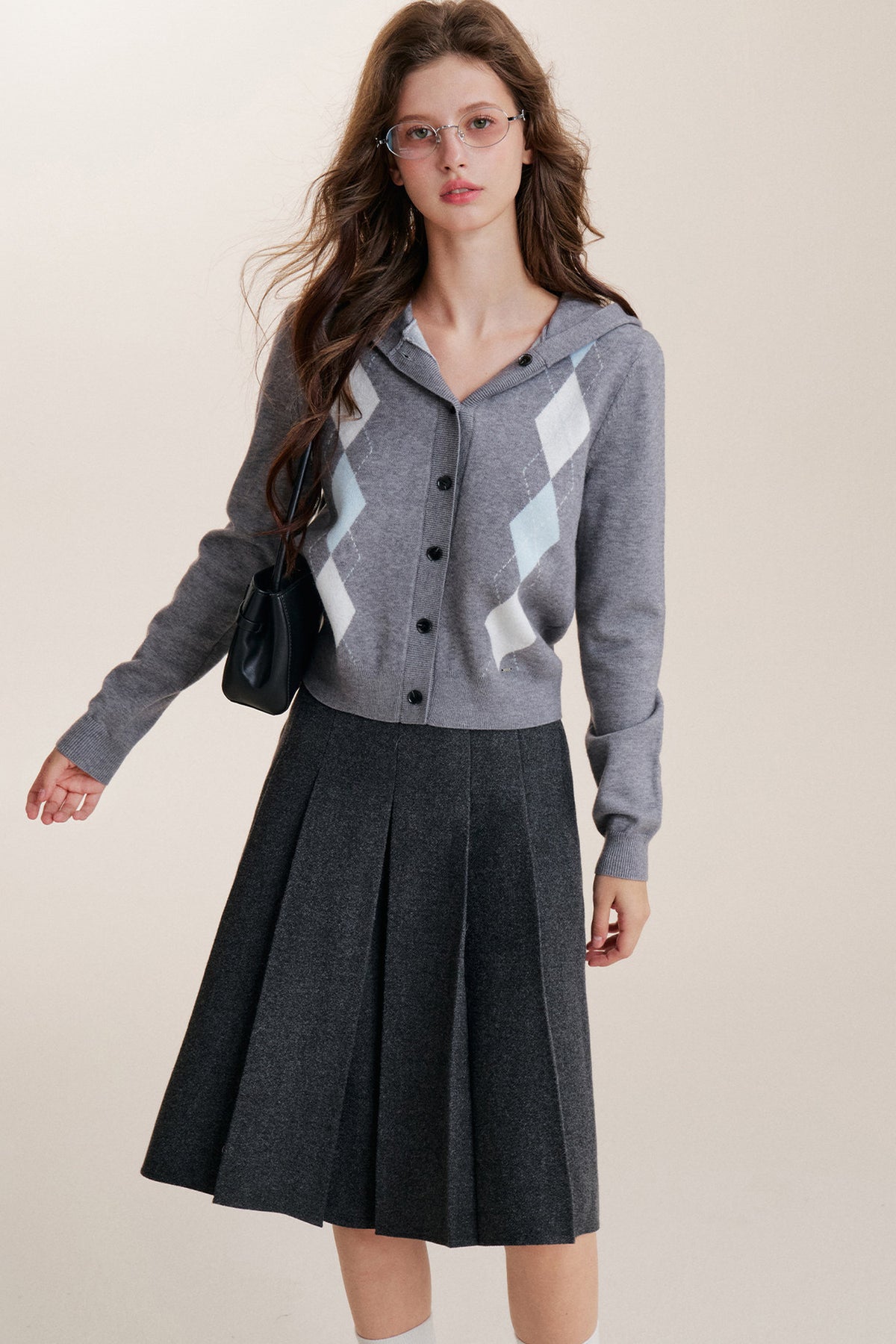 Cardigan con cappuccio a maniche lunghe, monopetto e fantasia a rombi
