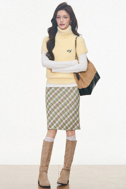 Faux Mink Turtleneck Sweater With Plaid Midi Skirt and Pants Set-Up