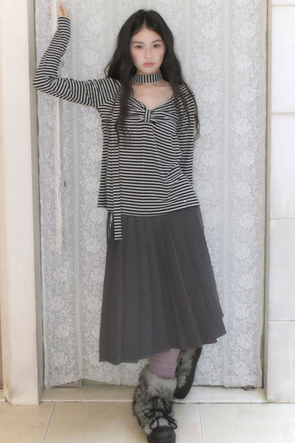 Striped Long-Sleeved Ribbon Bow T-shirt