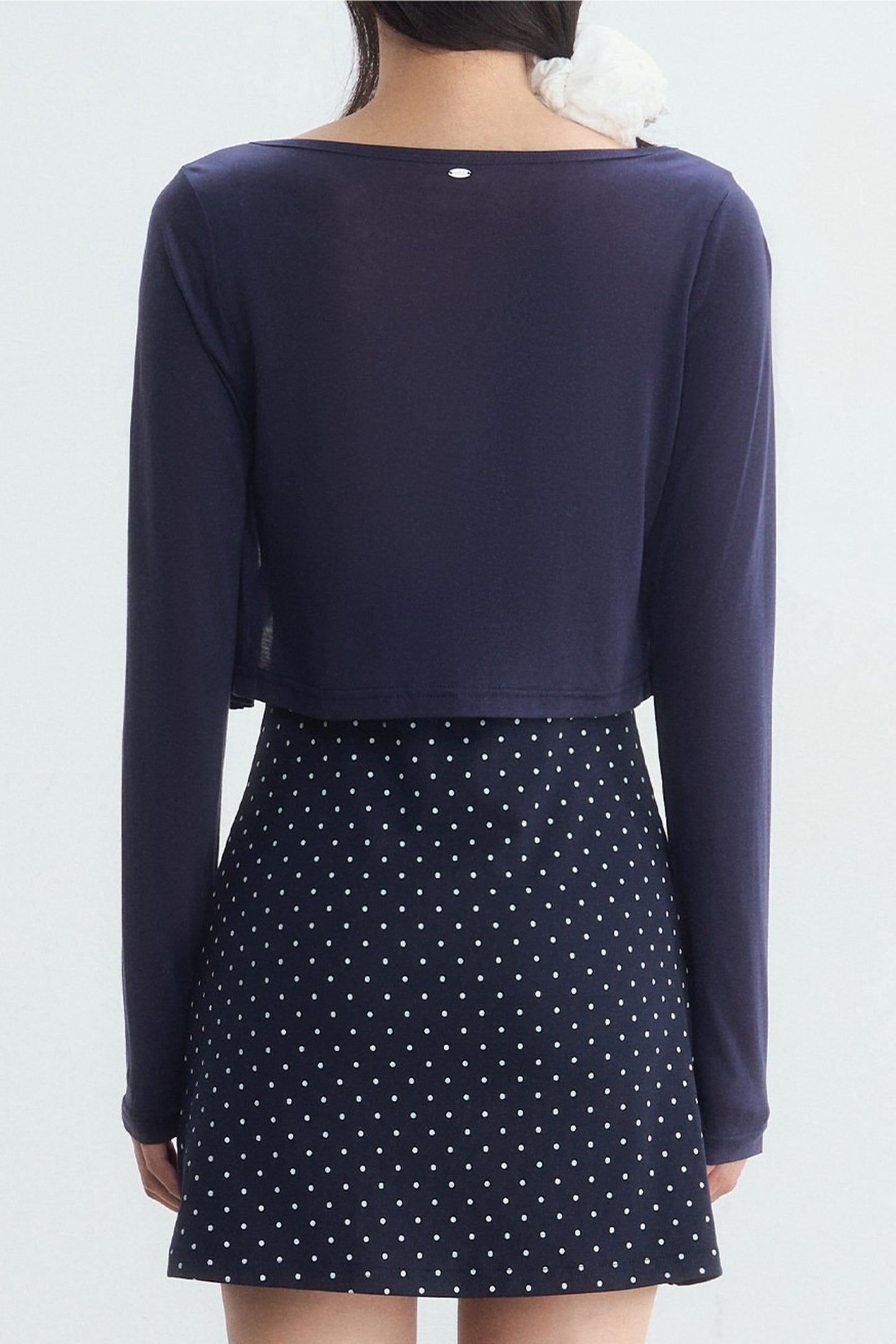 Navy Polka Dot Suspender Dress With Cardigan