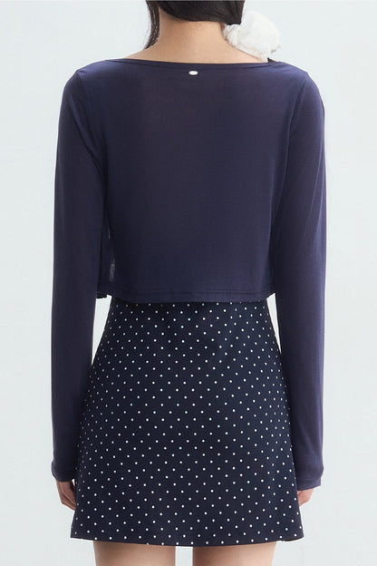 Navy Polka Dot Suspender Dress With Cardigan