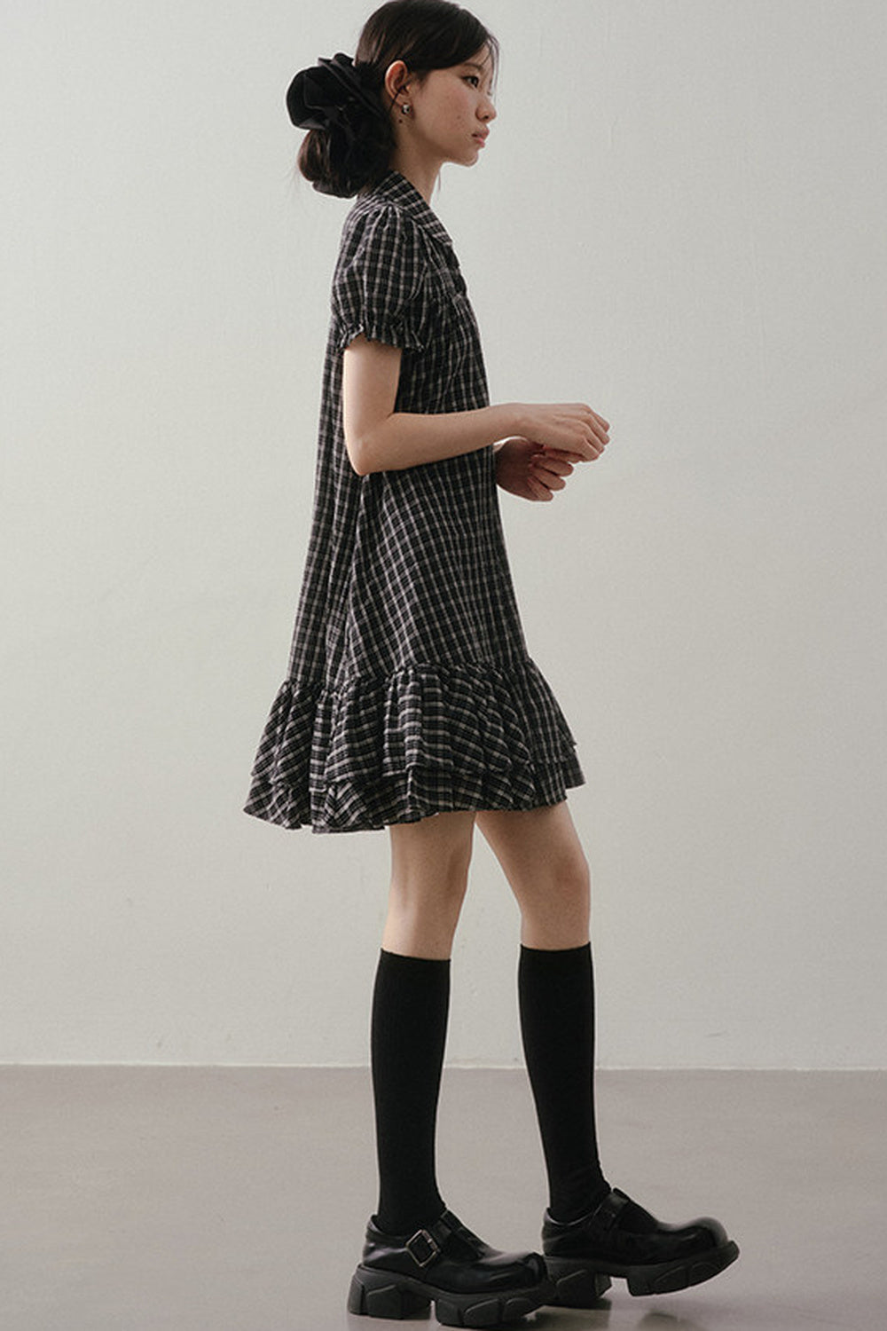 Plaid Doll Collar Puff Sleeve Ruffle Dress