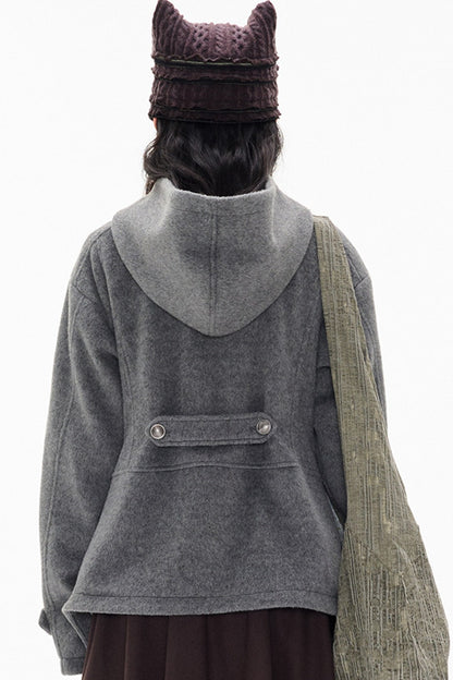 Woolen Hooded Irregular Hem Jacket