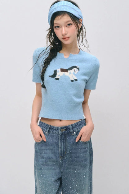 Haut à manches courtes en jacquard à motif poney