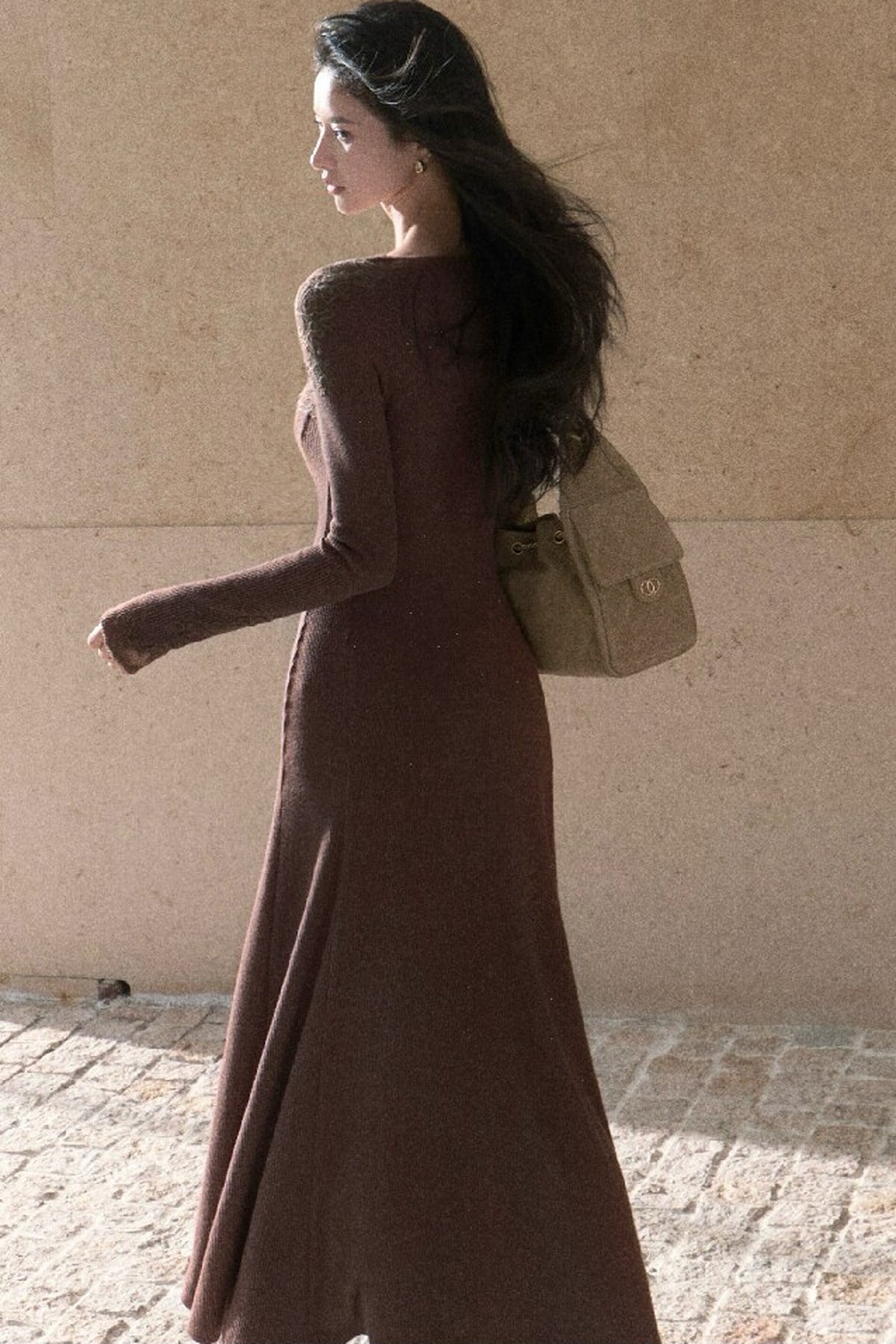 Spliced Lace Trim Long-Sleeve A-Line Dress