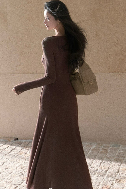 Spliced Lace Trim Long-Sleeve A-Line Dress