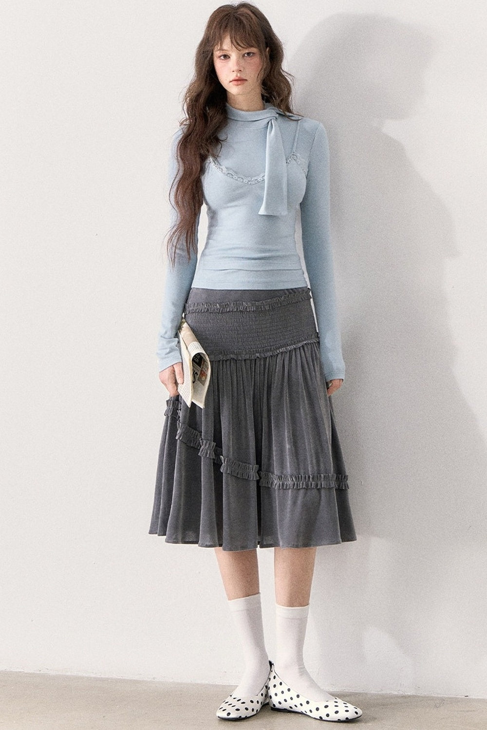 Glacier Blue Lace Strap Layered-Look Knit Top