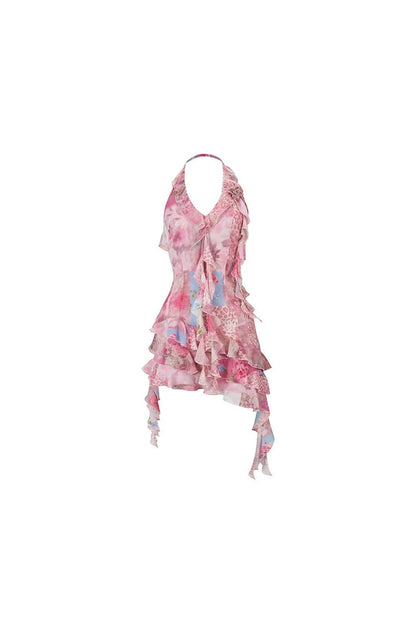 Irregular Floral Halter Dress