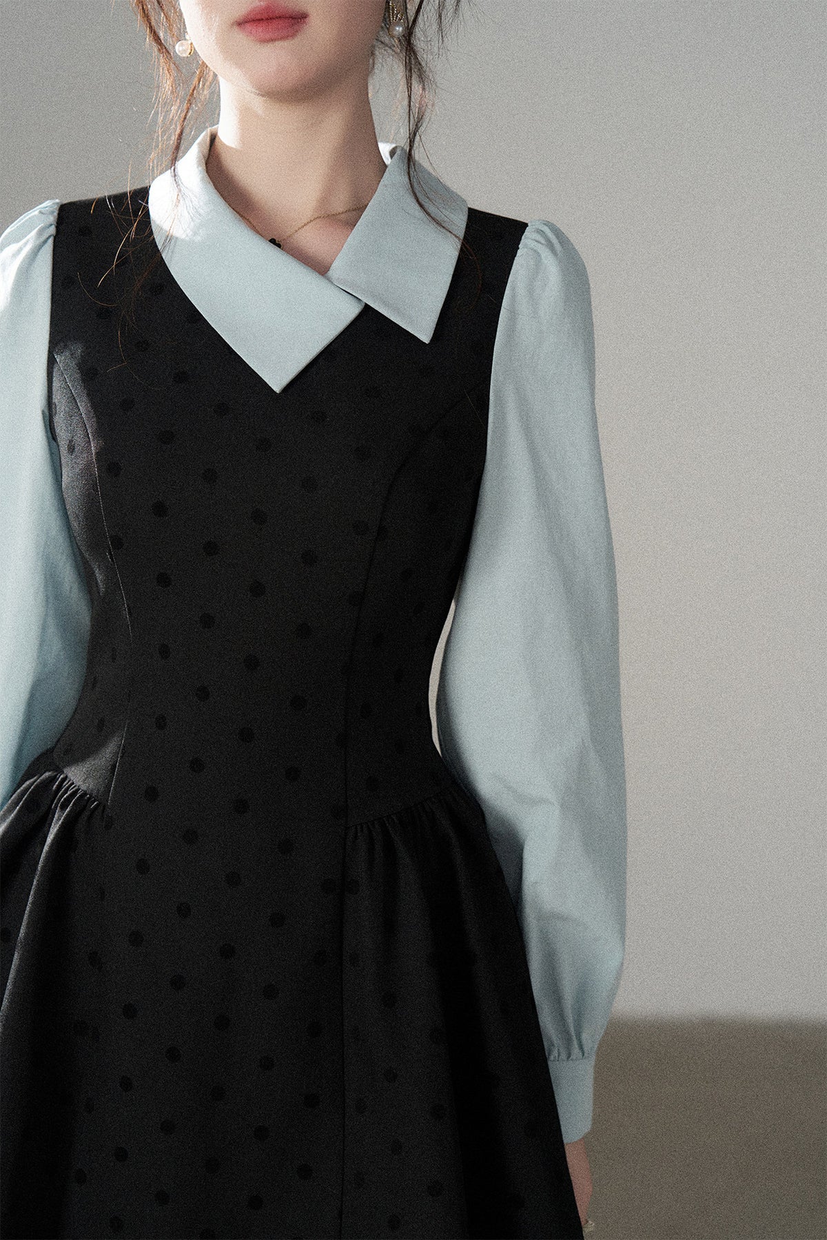Black Polka Dot Asymmetrical Collar Dress