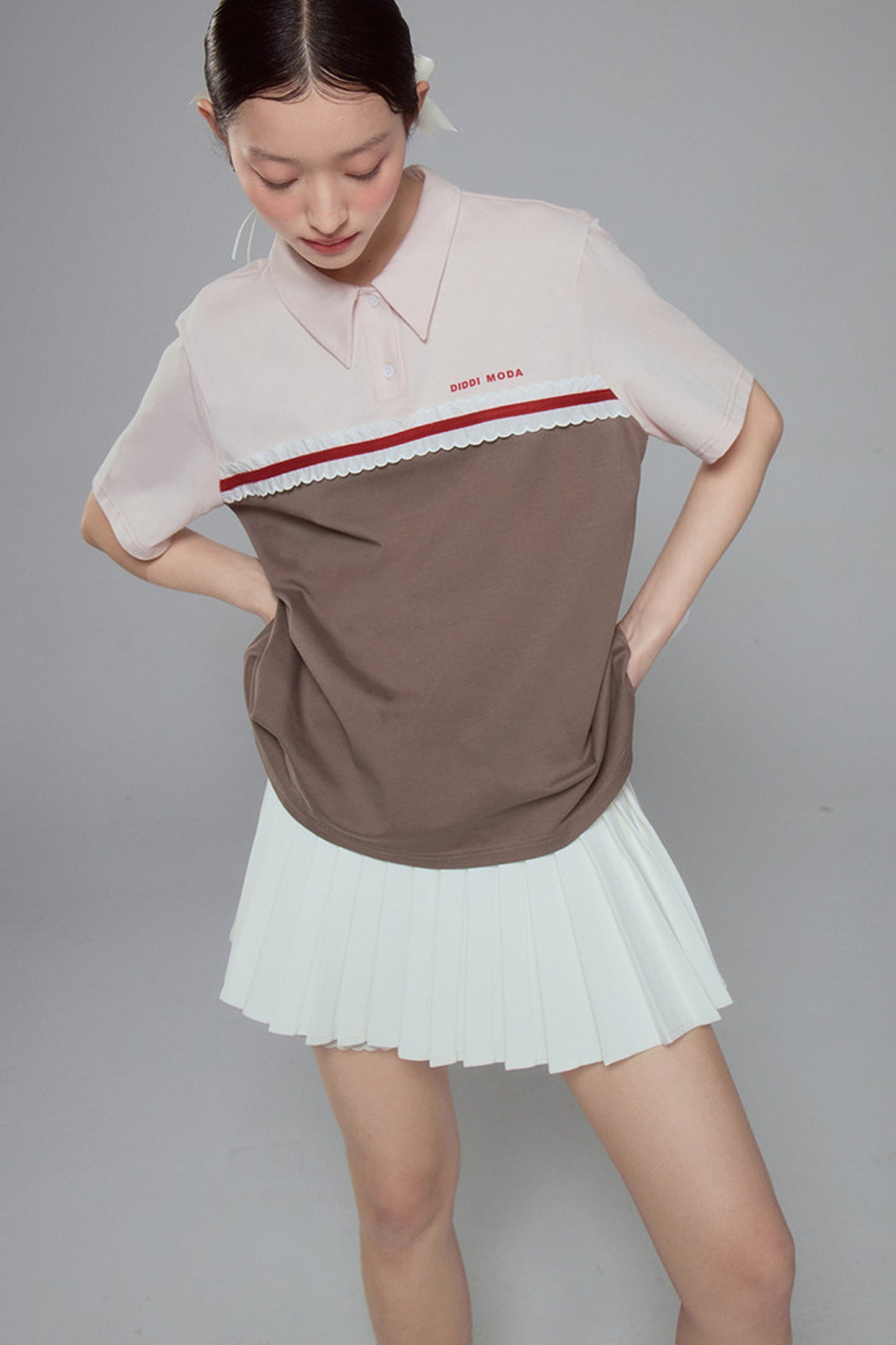Color Block Lace Trim Cotton Polo