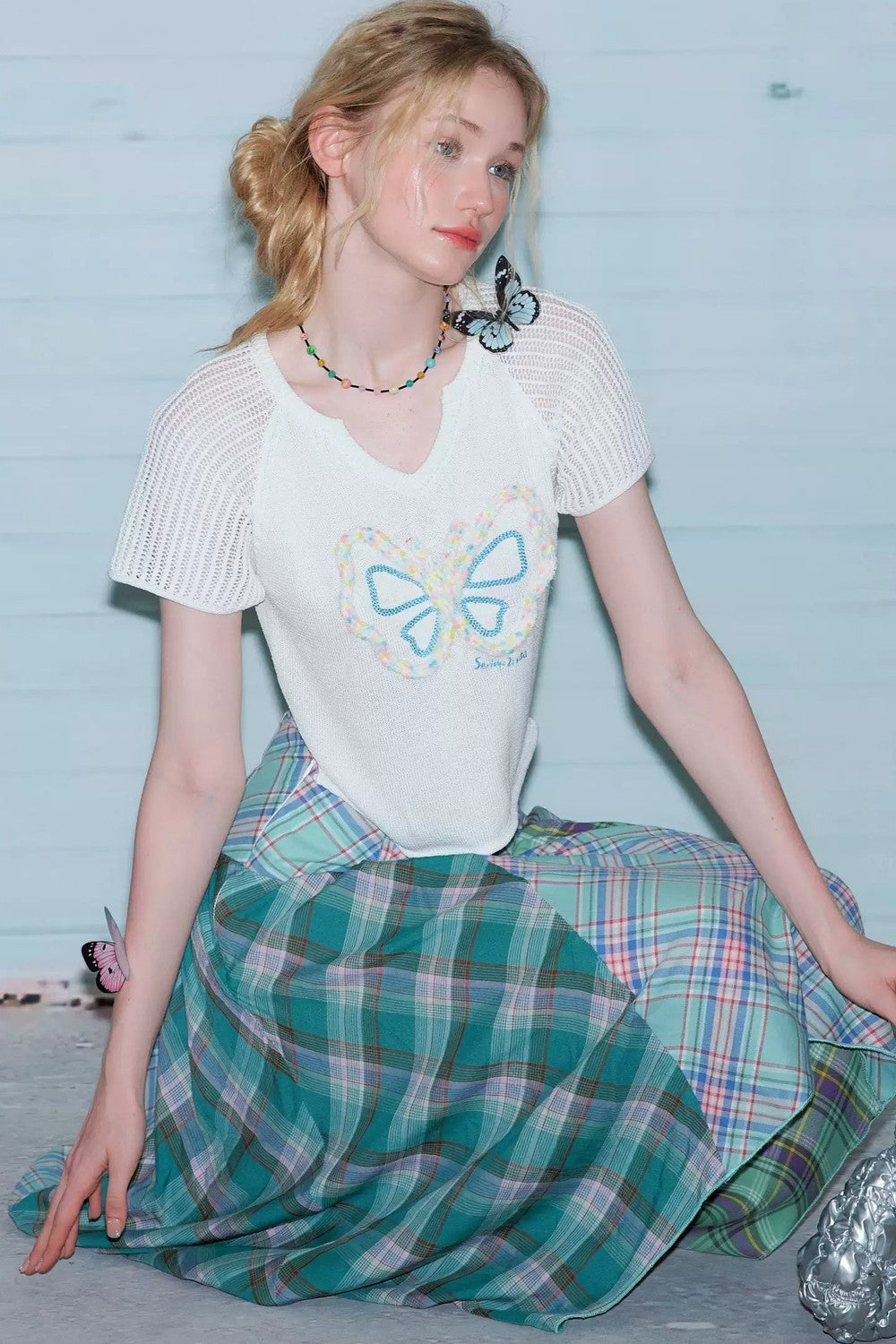 Top Raglan a Maglia con Farfalle 3D