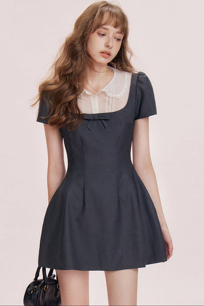 Mesh Collar Bow A-Line Dress