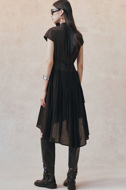 Diagonal Placket Pearl Button Irregular Hem Dress