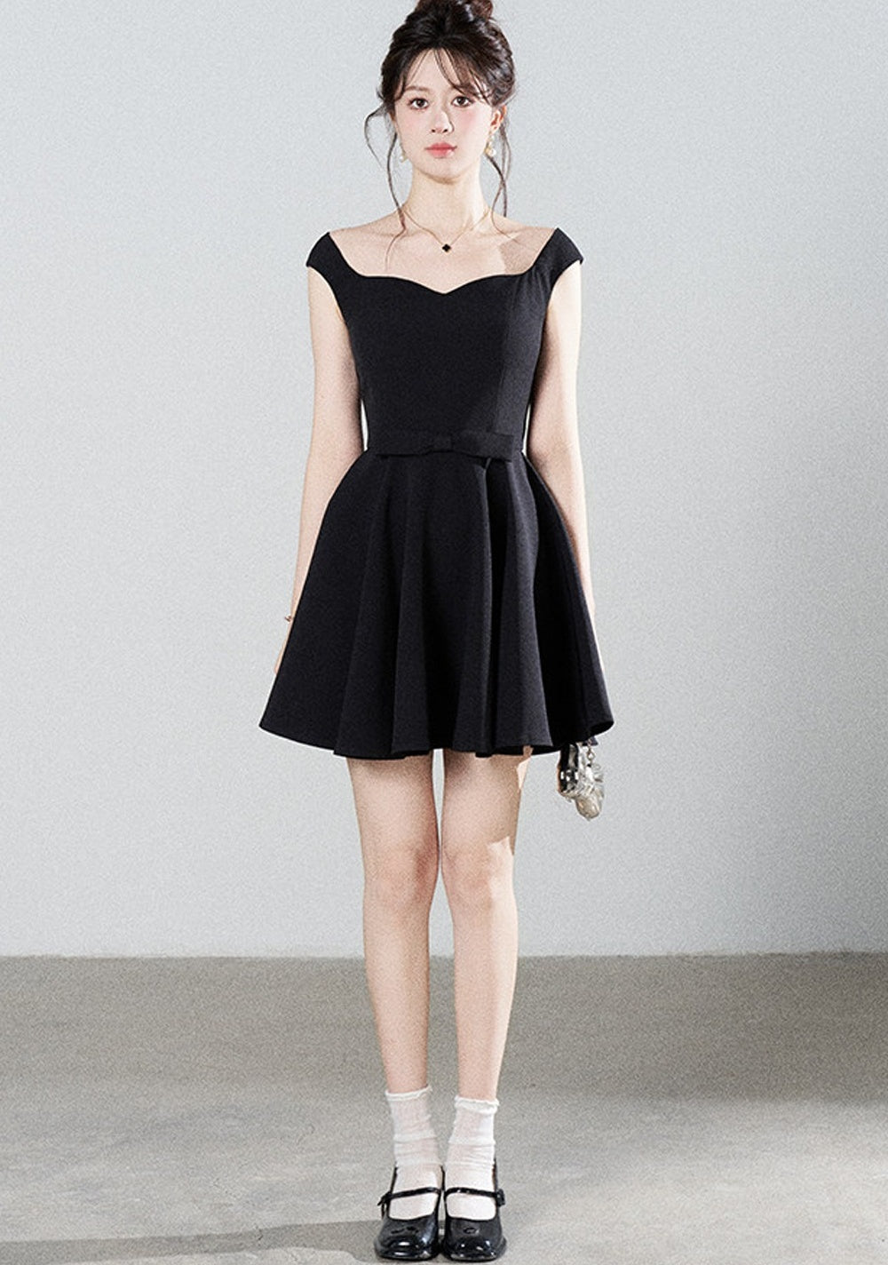 Black Square-Neck Puffy A-Line Dress