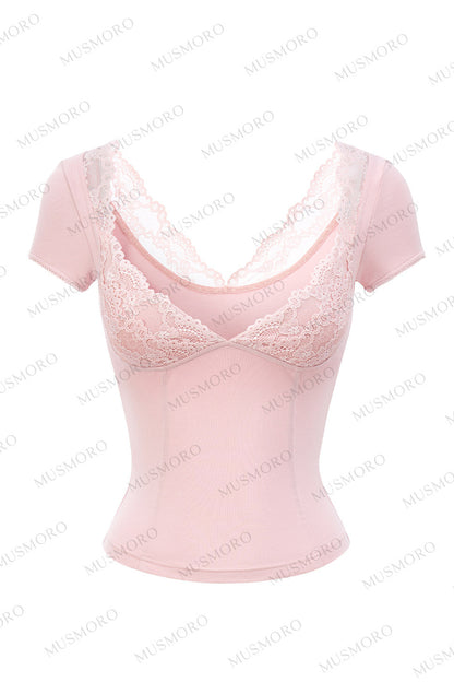 Lace Cuff Deep V-Neck Top