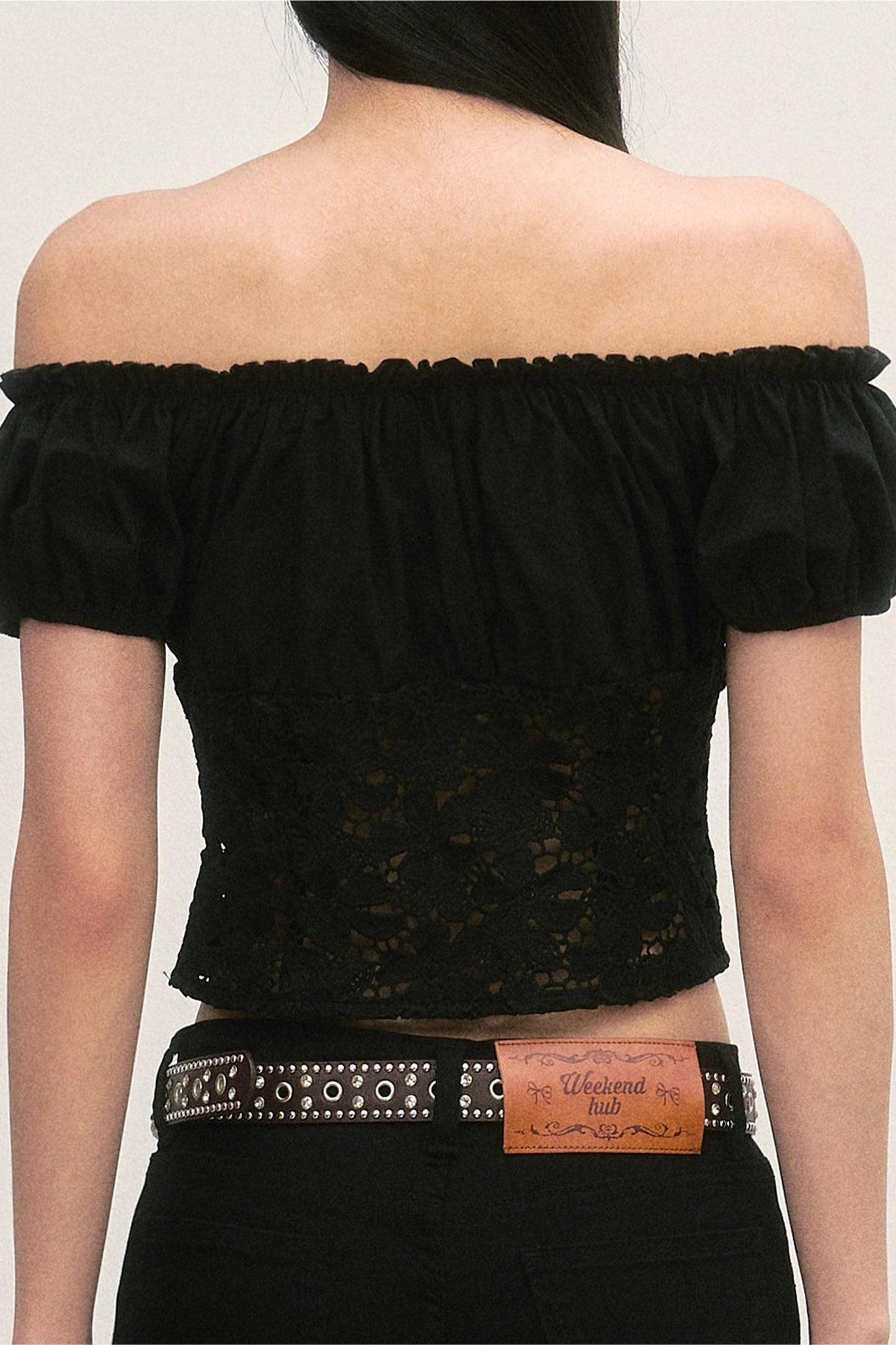 Off-Shoulder Lace Cutout Puff Sleeve Crop Top