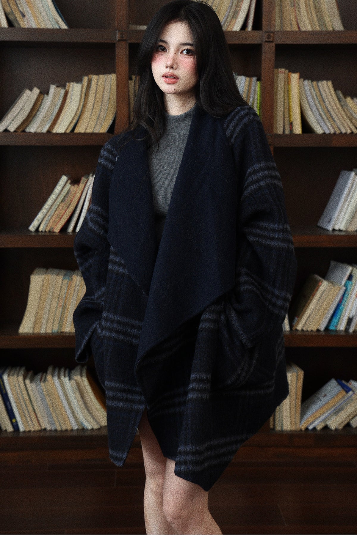 Navy Blue Plaid Reversible Woolen Coat