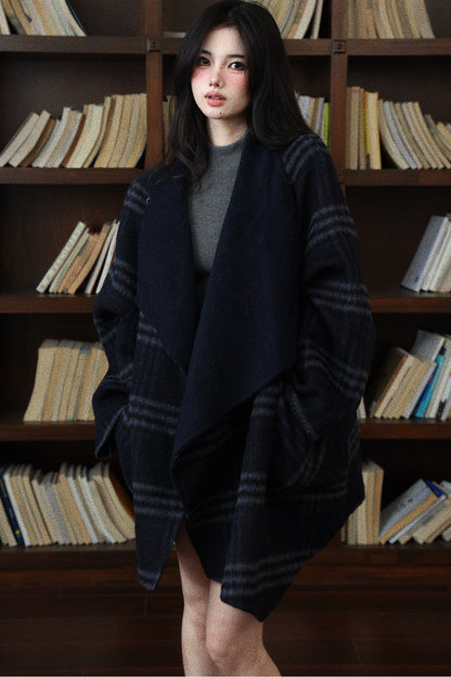 Navy Blue Plaid Reversible Woolen Coat