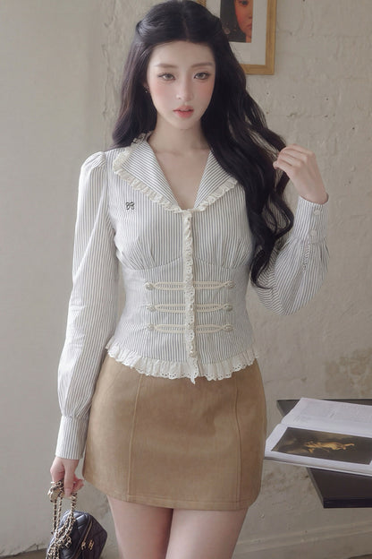 V-Neck Puff Sleeve Lace Blouse