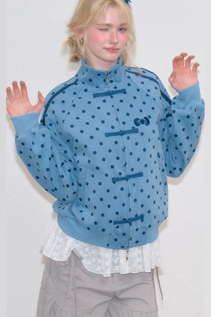 Blue Polka Dot Zipper Hoodie Jacket
